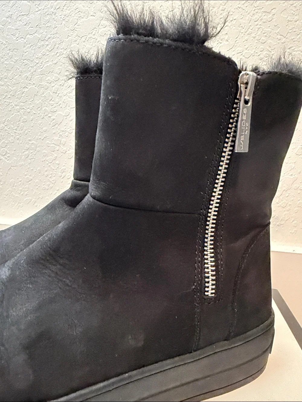 J/SLIDES Black Suede Fur-Trim Platform Ankle Boots